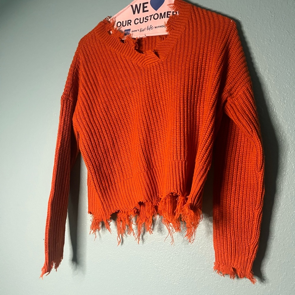 Orange Distressed V-Neck Women's Sweater